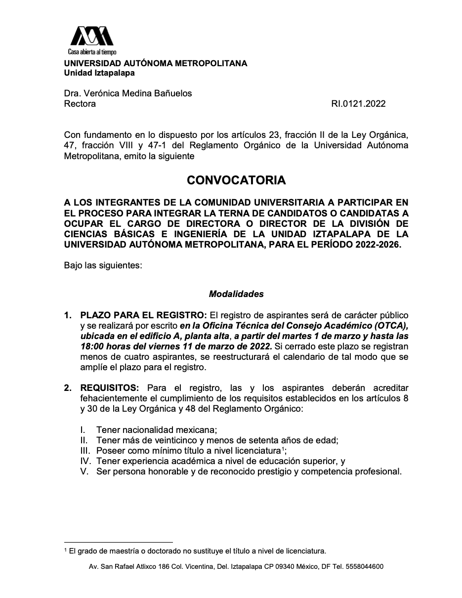 Convocatoria Para Integrar La Terna Para Dirección De Cbi Para El